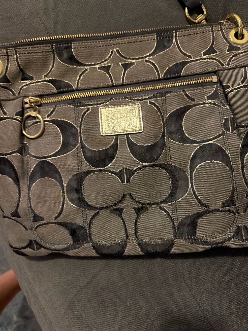 Coach Brown Signature Jacquard Shoulder Bag with Gold Hardware